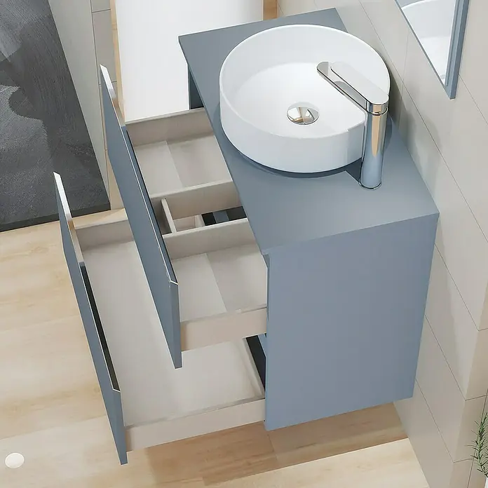 Artysan Mueble bajo de lavabo Cíes - L x An x Al: 38,6 x 70 x 64 cm, Azul - Un elegante mueble de baño gris con un lavabo sobre encimera y dos cajones extraíbles ofrece un espacio de almacenamiento práctico en el baño moderno.