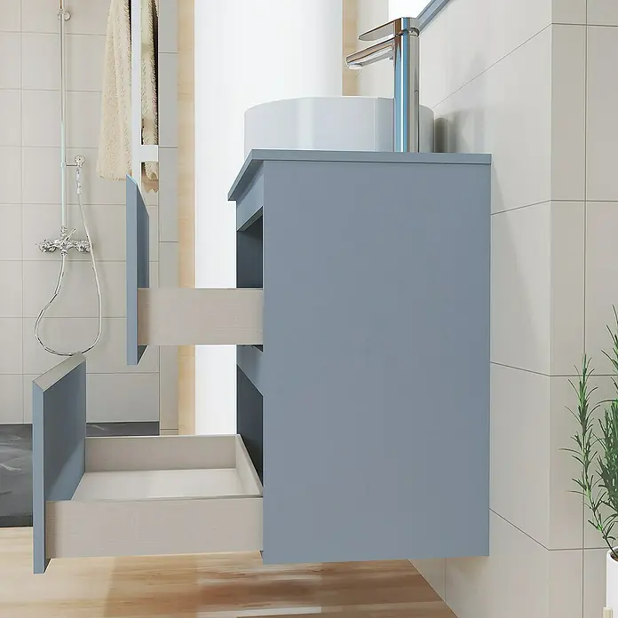 Artysan Mueble bajo de lavabo Cíes - L x An x Al: 38,6 x 70 x 64 cm, Azul - Gabinete de baño azul con dos cajones abiertos debajo de un lavabo blanco con grifo.