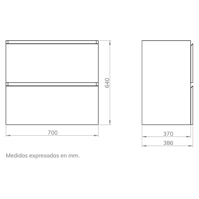 Artysan Mueble bajo de lavabo Cíes - L x An x Al: 38,6 x 70 x 64 cm, Roble Guadarrama - Vista detallada del armario de baño con dimensiones precisas de ancho, alto y profundidad en milímetros para una fácil instalación.