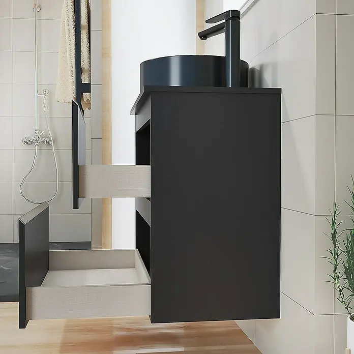 Artysan Mueble bajo de lavabo Cíes - L x An x Al: 38,6 x 70 x 64 cm, Negro - Un elegante mueble de baño suspendido en negro con cajones abiertos. Ideal para baños modernos y ofrece un gran almacenamiento.