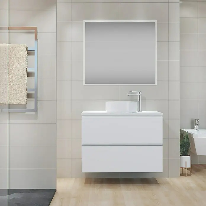 Artysan Mueble bajo de lavabo Cíes - L x An x Al: 38,6 x 90 x 64 cm, Blanco - Un baño elegante con un mueble de lavabo moderno y un espejo grande.