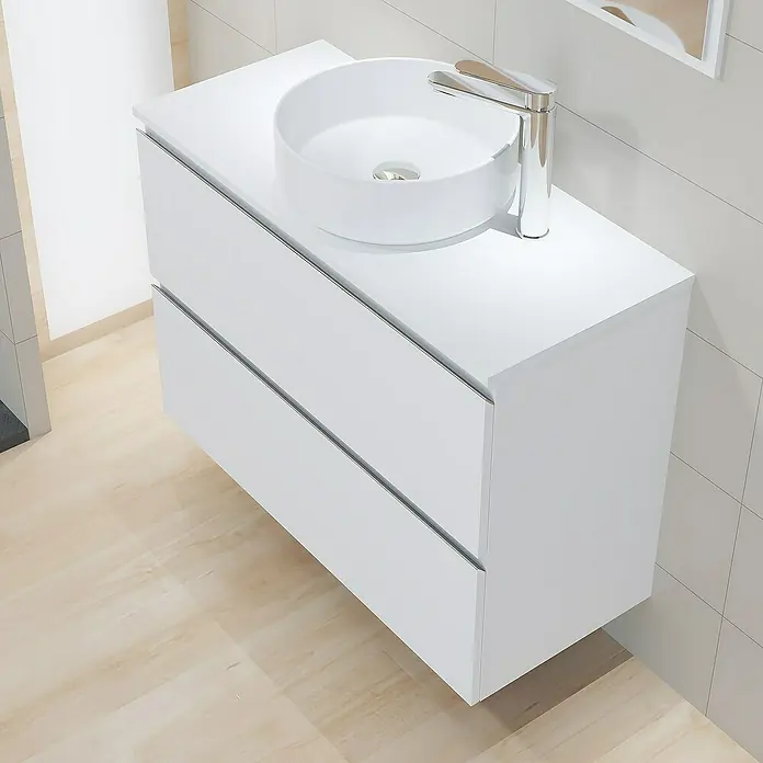 Artysan Mueble bajo de lavabo Cíes - L x An x Al: 38,6 x 90 x 64 cm, Blanco - Baño moderno con un mueble de lavabo blanco, lavabo redondo y grifo elegante. Diseño contemporáneo para una estética limpia y elegante.