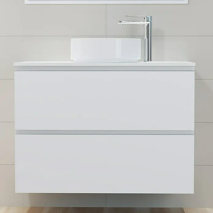 Artysan Mueble bajo de lavabo Cíes - L x An x Al: 38,6 x 90 x 64 cm, Blanco - Moderno mueble de baño blanco con lavabo sobre encimera y grifo cromado sobre fondo de azulejos.