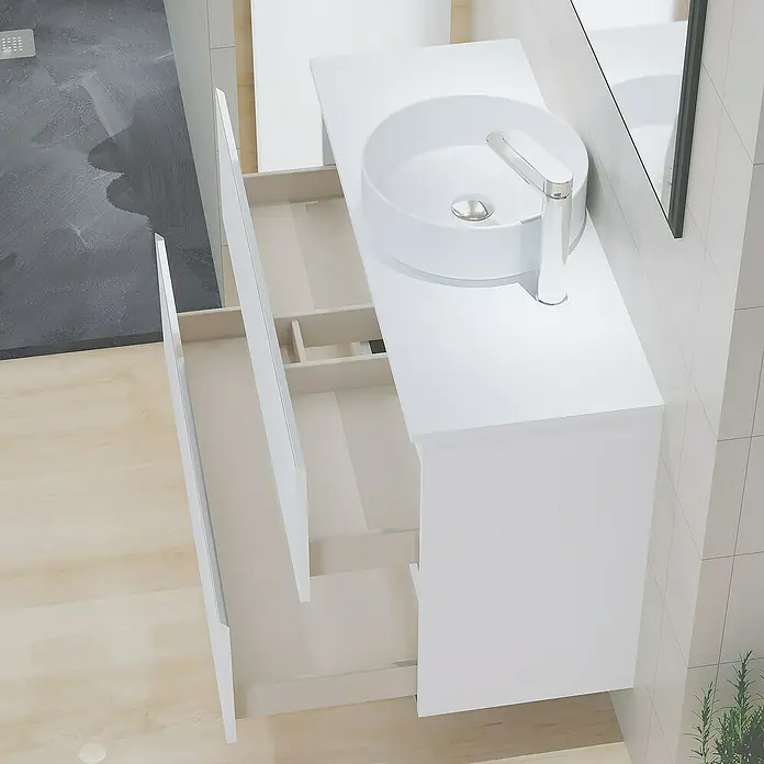 Artysan Mueble bajo de lavabo Cíes - L x An x Al: 38,6 x 90 x 64 cm, Blanco - Mueble de baño blanco con lavabo redondo y elemento de cajón abierto.
