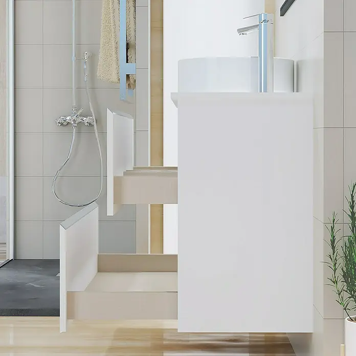 Artysan Mueble bajo de lavabo Cíes - L x An x Al: 38,6 x 100 x 64 cm, Blanco - Un baño moderno con un lavabo blanco y diseño minimalista, que ofrece una solución elegante y funcional para optimizar el espacio.