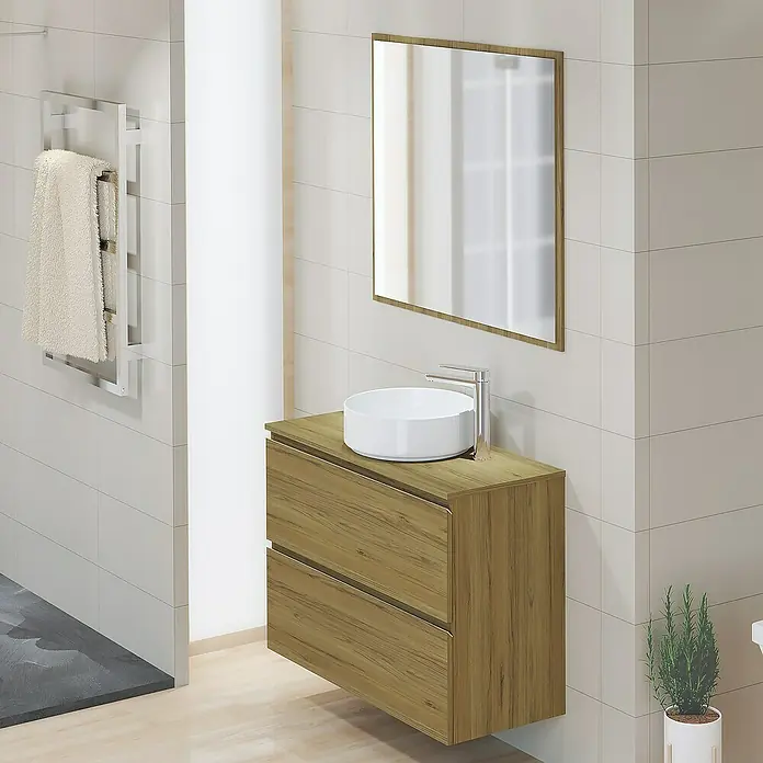 Artysan Encimera para lavabo Cíes - 39,1 x 91 x 1,6 cm, Roble Guadarrama - Un baño moderno con un mueble de lavabo de madera, un lavabo sobre encimera y un espejo. Radiador toallero instalado en la pared.