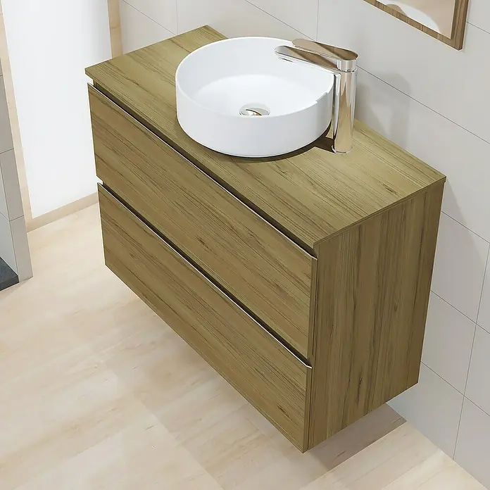 Artysan Mueble bajo de lavabo Cíes - L x An x Al: 38,6 x 90 x 64 cm, Roble Guadarrama - Mueble de baño flotante con dos cajones, un lavabo sobre encimera y un grifo encima en un baño.