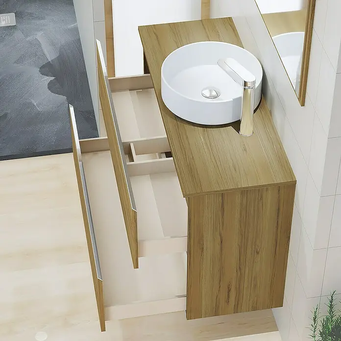Artysan Mueble bajo de lavabo Cíes - L x An x Al: 38,6 x 90 x 64 cm, Roble Guadarrama - Imagen de un mueble de baño de madera con cajón abierto y lavabo sobre encimera de cerámica.