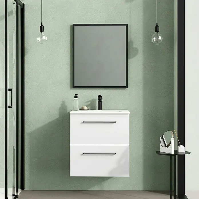 Artysan Mueble bajo de lavabo Arosa - L x An x Al: 44,6 x 60 x 64 cm, Blanco - Baño con tocador blanco, espejo negro y luces colgantes modernas para un ambiente elegante.