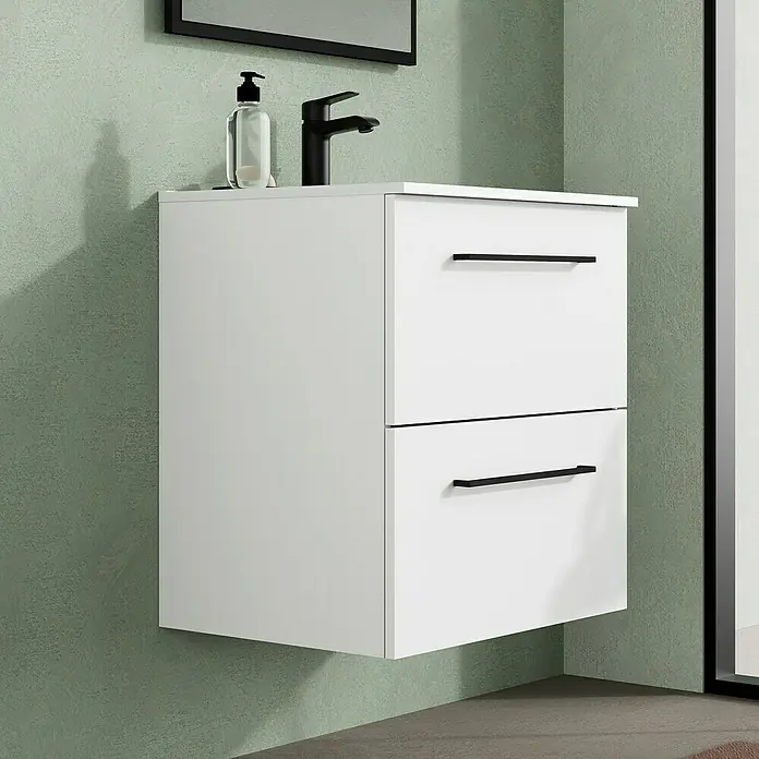 Artysan Mueble bajo de lavabo Arosa - L x An x Al: 44,6 x 60 x 64 cm, Blanco - Moderno lavabo de baño con dos cajones y grifo negro, ideal para un baño elegante y funcional.
