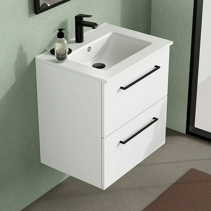 Artysan Mueble bajo de lavabo Arosa - L x An x Al: 44,6 x 60 x 64 cm, Blanco - Elegante lavabo blanco con mueble bajo lavabo. El lavabo cuenta con un grifo moderno y prácticos cajones con tiradores negros.