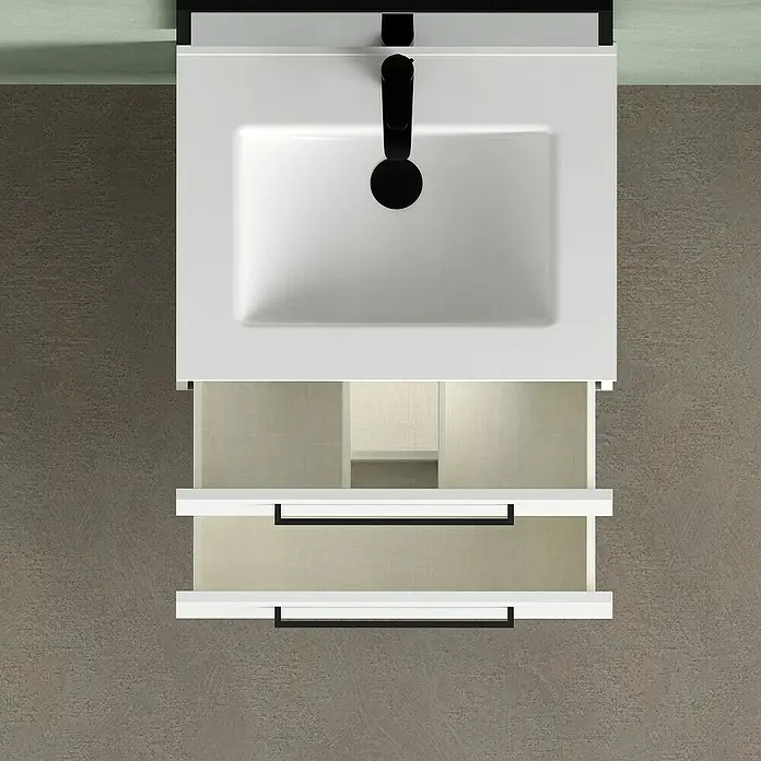 Artysan Mueble bajo de lavabo Arosa - L x An x Al: 44,6 x 60 x 64 cm, Blanco - Una imagen de alta resolución de un mueble de baño con dos cajones abiertos y un grifo elegante, que ofrece amplio espacio de almacenamiento.