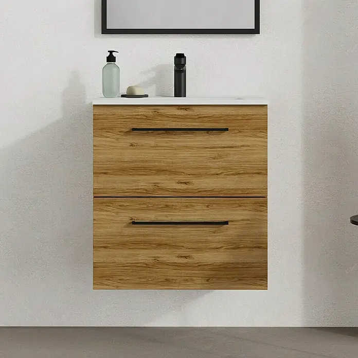Artysan Mueble bajo de lavabo Arosa - L x An x Al: 44,6 x 60 x 64 cm, Roble Guadarrama - Baño moderno con mueble de lavabo de madera y un elegante grifo negro. Un elemento de diseño atemporal para tu baño.