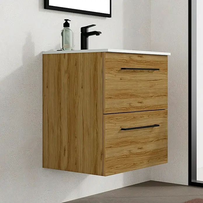 Artysan Mueble bajo de lavabo Arosa - L x An x Al: 44,6 x 60 x 64 cm, Roble Guadarrama - Mueble de baño suspendido con dos cajones en aspecto de madera y grifo negro para baños modernos.