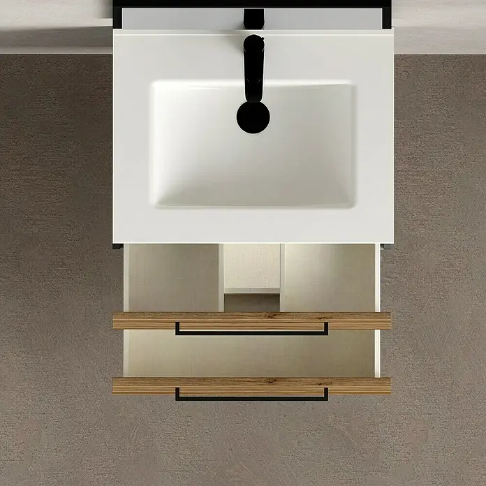 Artysan Mueble bajo de lavabo Arosa - L x An x Al: 44,6 x 60 x 64 cm, Roble Guadarrama - Vista superior de un moderno lavabo de baño con cajones abiertos, mostrando un diseño minimalista y soluciones de almacenamiento prácticas.