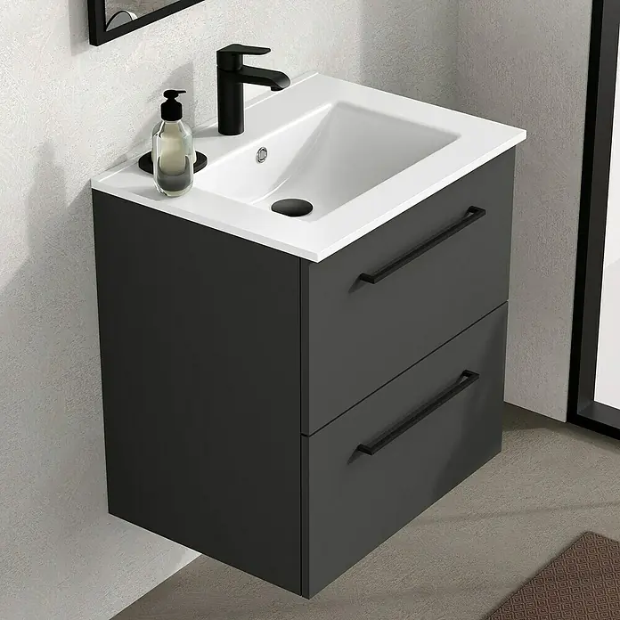 Artysan Mueble bajo de lavabo Arosa - L x An x Al: 44,6 x 60 x 64 cm, Antracita - Imagen de un moderno mueble de baño con dos cajones, lavabo y grifo en blanco y negro.