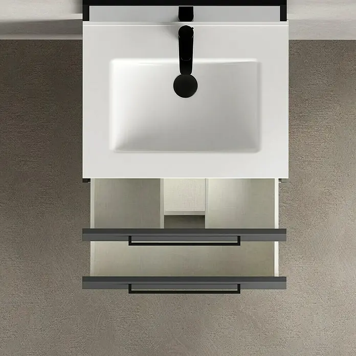Artysan Mueble bajo de lavabo Arosa - L x An x Al: 44,6 x 60 x 64 cm, Antracita - Un lavabo moderno de baño con dos cajones y un elegante grifo negro. Perfecto para baños con espacio de almacenamiento.