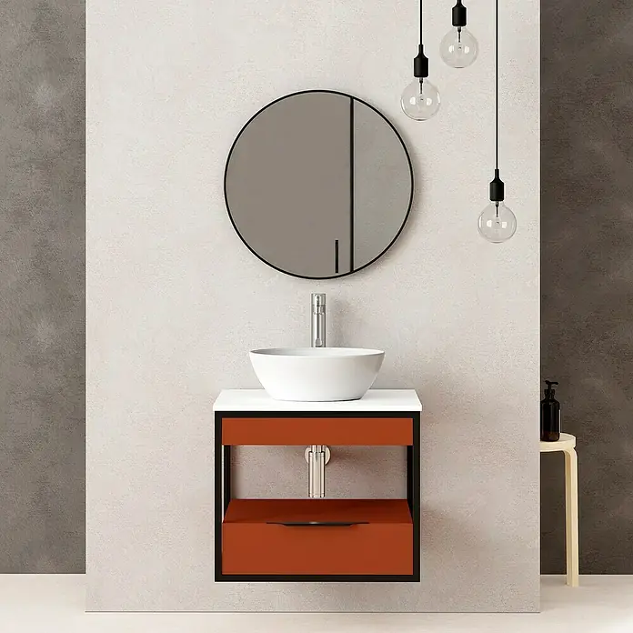 Artysan Conjunto de mueble de baño Izaro - Ancho: 60 cm, 3 pzs., Teja/Blanco, Mate - Tocador de baño con cajón naranja, espejo redondo y bombillas decorativas, perfecto para un ambiente de baño moderno.