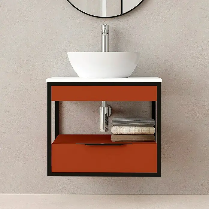 Artysan Conjunto de mueble de baño Izaro - Ancho: 60 cm, 3 pzs., Teja/Blanco, Mate - Baño moderno con mueble suspendido en naranja y negro, combinado con un lavabo sobre encimera y espejo redondo.