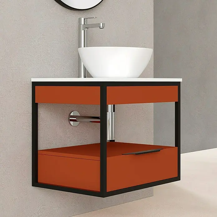 Artysan Conjunto de mueble de baño Izaro - Ancho: 60 cm, 3 pzs., Teja/Blanco, Mate - Lavabo de baño moderno con mueble naranja y marco negro, ideal para baños y aseos con estilo.