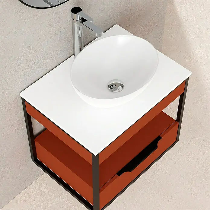 Artysan Conjunto de mueble de baño Izaro - Ancho: 60 cm, 3 pzs., Teja/Blanco, Mate - Tocador de baño con lavabo sobre encimera blanco y elegante marco de terracota y negro. Diseño moderno para un espacio minimalista.