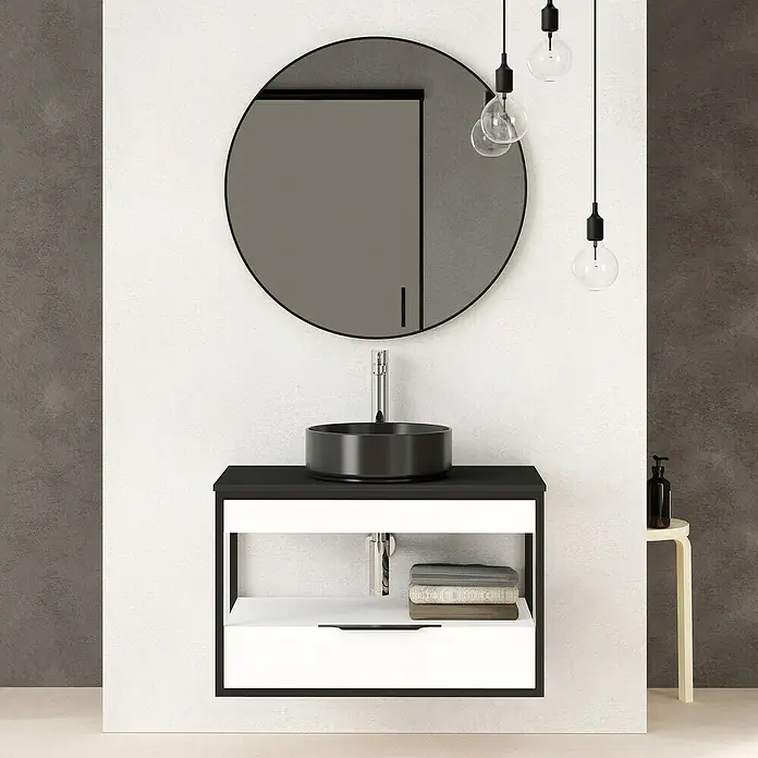 Artysan Conjunto de mueble de baño Izaro - Ancho: 80 cm, 3 pzs., Blanco/Negro, Mate - Mueble de baño moderno con lavabo negro redondo, espejo a juego y bombillas colgantes para una decoración elegante.