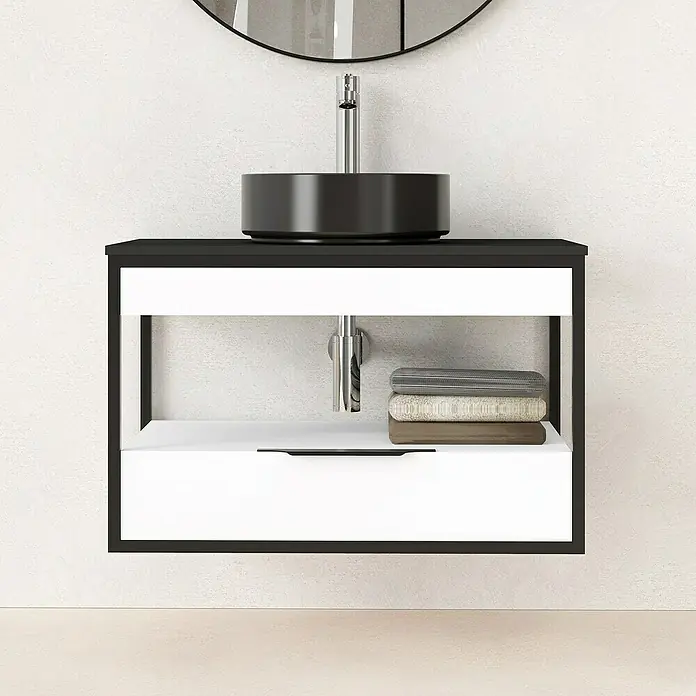 Artysan Conjunto de mueble de baño Izaro - Ancho: 80 cm, 3 pzs., Blanco/Negro, Mate - Un moderno tocador con un lavabo sobre encimera negro y un cajón blanco, perfecto para un diseño de baño elegante.