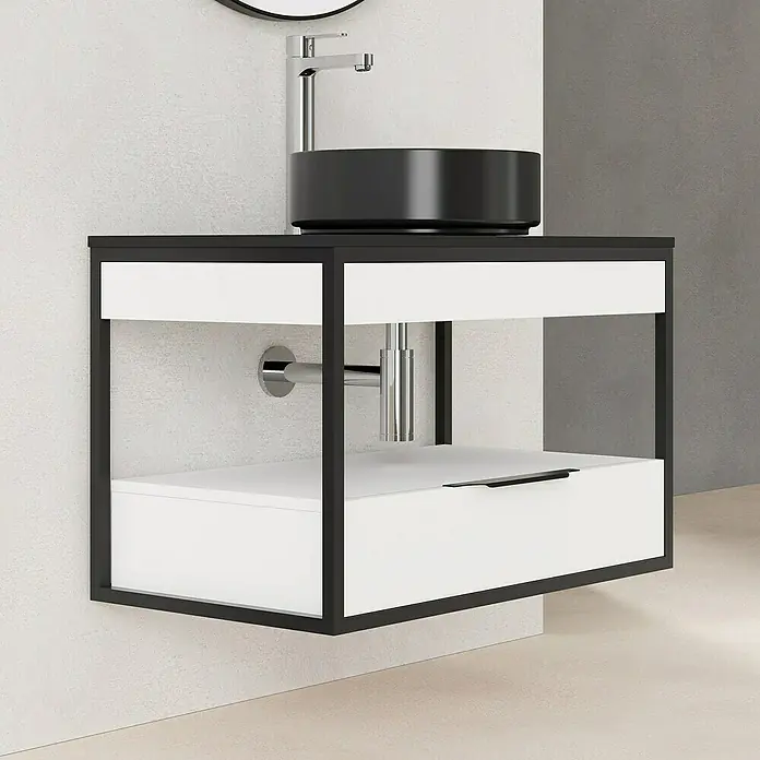 Artysan Conjunto de mueble de baño Izaro - Ancho: 80 cm, 3 pzs., Blanco/Negro, Mate - Elegante lavabo con recipiente negro y mueble de baño flotante en blanco y negro para un ambiente de baño moderno.