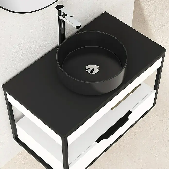Artysan Conjunto de mueble de baño Izaro - Ancho: 80 cm, 3 pzs., Blanco/Negro, Mate - Lavabo de encimera negro sobre un elegante tocador con cajones para un diseño de baño moderno.