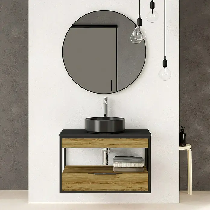 Artysan Conjunto de mueble de baño Izaro - Ancho: 80 cm, 3 pzs., Roble/Negro, Mate - Mueble de baño con espejo redondo y bombillas colgantes, un diseño moderno para baños elegantes.