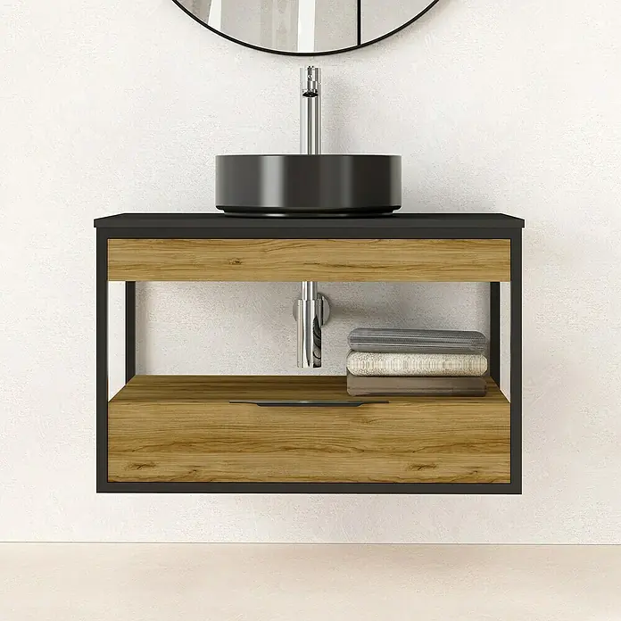 Artysan Conjunto de mueble de baño Izaro - Ancho: 80 cm, 3 pzs., Roble/Negro, Mate - Mueble de baño moderno con lavabo sobre encimera negro y estante para toallas. Un mueble de baño práctico y elegante.