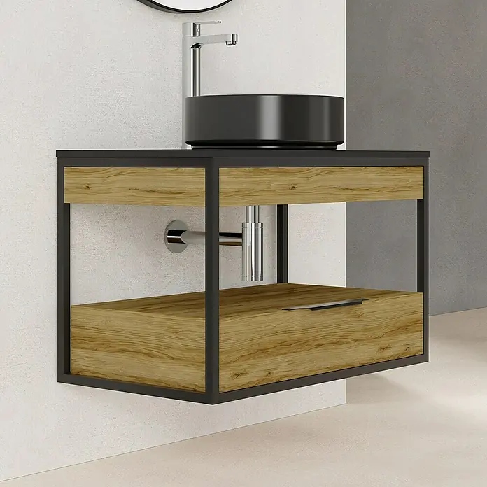 Artysan Conjunto de mueble de baño Izaro - Ancho: 80 cm, 3 pzs., Roble/Negro, Mate - Primer plano de un tocador moderno con un lavabo sobre encimera negro y un mueble de madera con estructura negra.