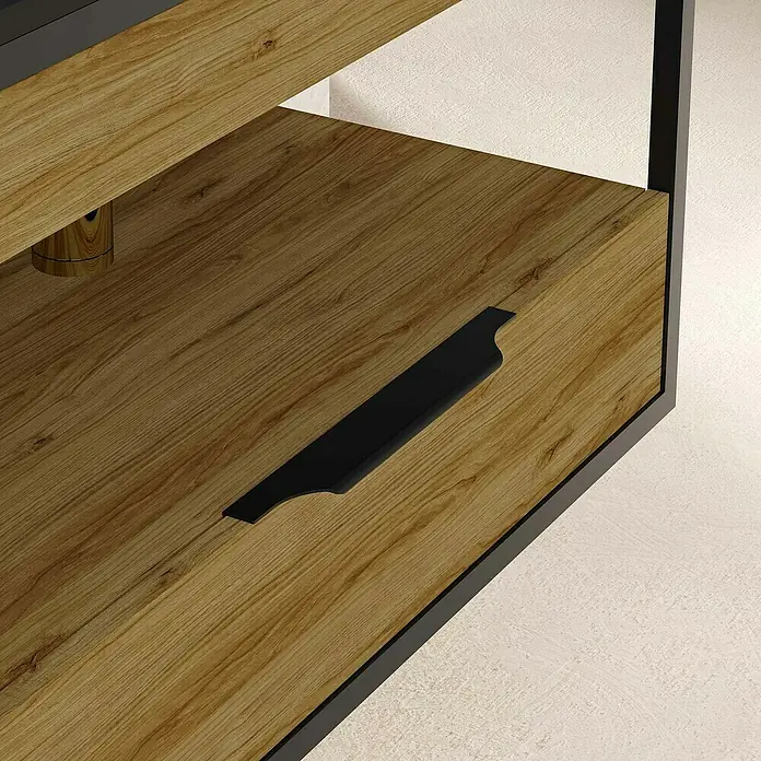 Artysan Conjunto de mueble de baño Izaro - Ancho: 80 cm, 3 pzs., Roble/Negro, Mate - Primer plano de un armario de madera con tirador y estructura negros. El mueble es elegante y tiene un diseño moderno.