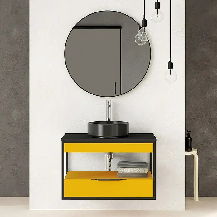 Artysan Conjunto de mueble de baño Izaro - Ancho: 80 cm, 3 pzs., Mostaza/Negro, Mate - Elegante mueble de baño amarillo y negro con espejo redondo y lámparas colgantes para un ambiente moderno.