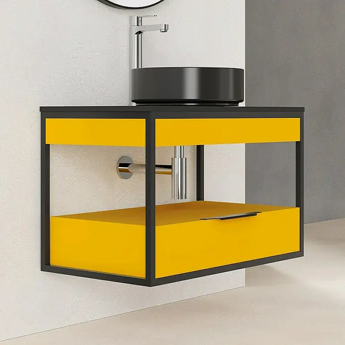 Artysan Conjunto de mueble de baño Izaro - Ancho: 80 cm, 3 pzs., Mostaza/Negro, Mate - Primer plano de un moderno lavabo con un lavabo sobre encimera negro y un mueble amarillo con cajón.