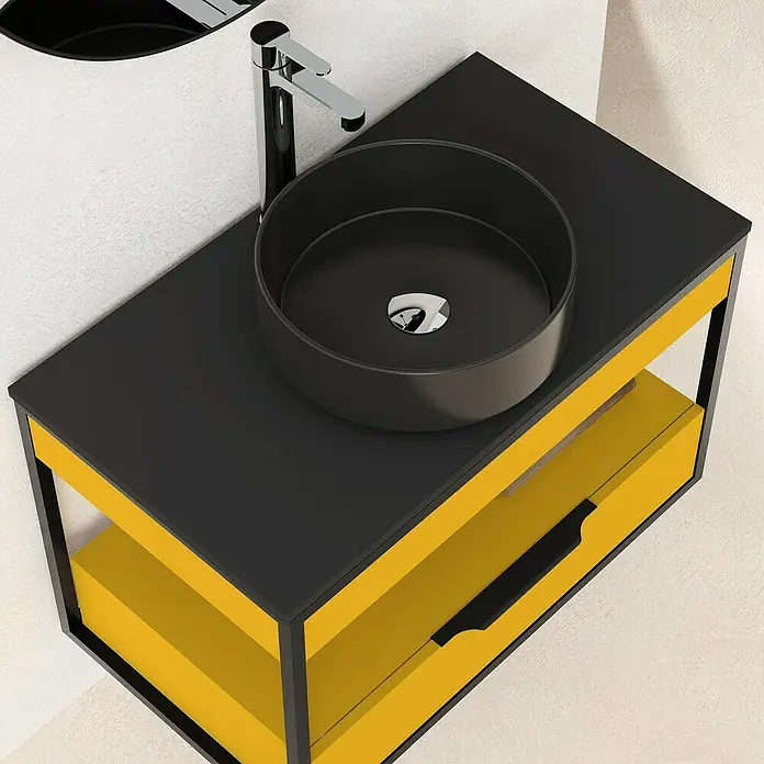 Artysan Conjunto de mueble de baño Izaro - Ancho: 80 cm, 3 pzs., Mostaza/Negro, Mate - Lavabo moderno con tazón negro y mueble amarillo, diseño elegante para baños.