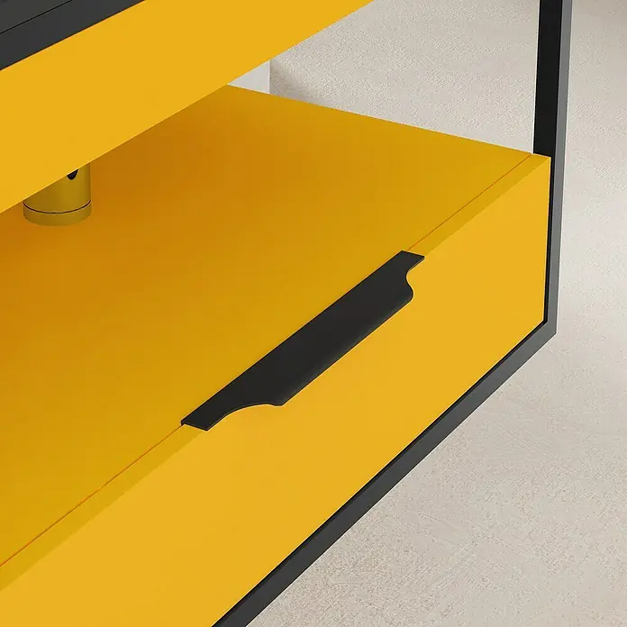 Artysan Conjunto de mueble de baño Izaro - Ancho: 80 cm, 3 pzs., Mostaza/Negro, Mate - Detalle de un cajón amarillo de mueble con tirador negro, combinando diseño moderno y funcionalidad.
