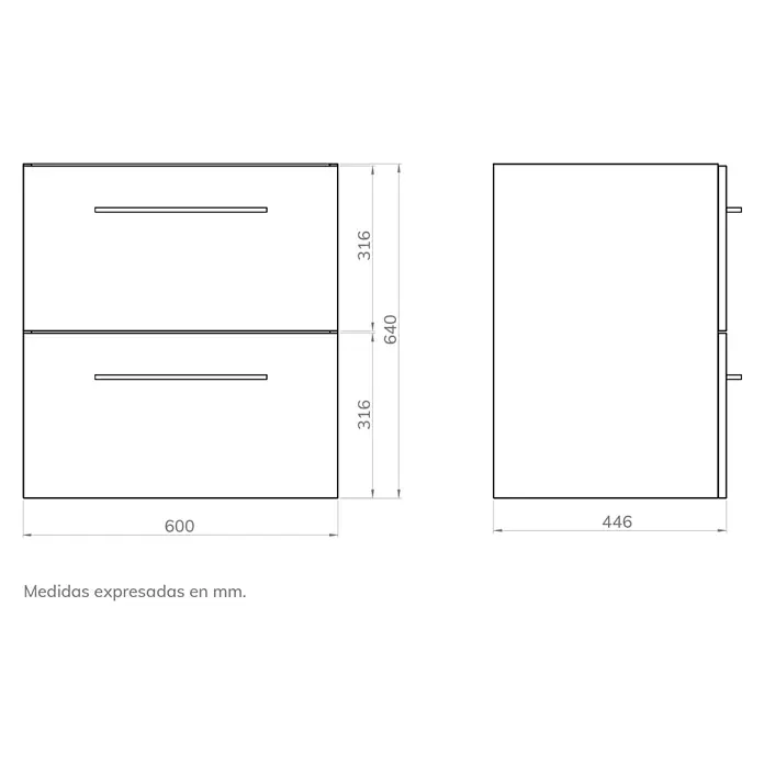 Artysan Mueble bajo de lavabo Arosa - L x An x Al: 44,6 x 60 x 64 cm, Musgo - Dibujo esquemático de un mueble de baño con dos cajones y dimensiones de 600 x 446 x 640 mm.