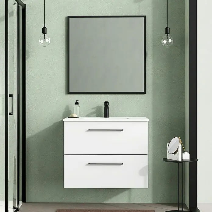 Artysan Mueble bajo de lavabo Arosa - L x An x Al: 44,6 x 80 x 64 cm, Blanco - Mueble de baño con dos cajones en blanco, con espejo y grifo negros, para un ambiente moderno.