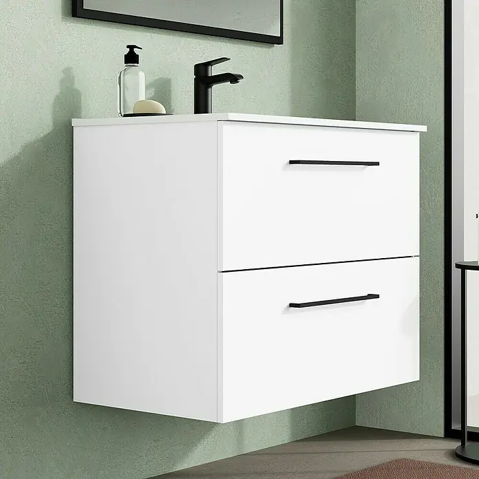 Artysan Mueble bajo de lavabo Arosa - L x An x Al: 44,6 x 80 x 64 cm, Blanco - Mueble de baño blanco moderno con dos cajones y tiradores negros bajo un grifo negro.