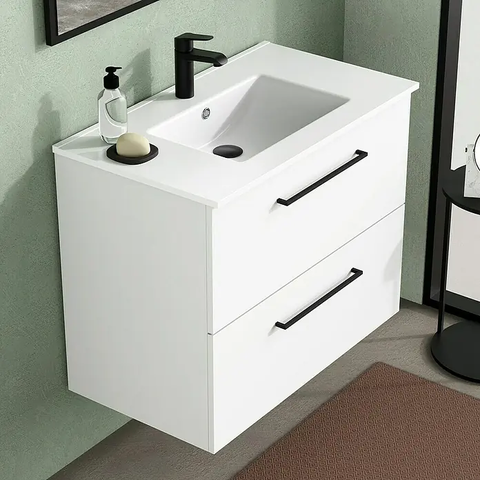 Artysan Mueble bajo de lavabo Arosa - L x An x Al: 44,6 x 80 x 64 cm, Blanco - Un mueble de baño blanco con dos cajones, una encimera de lavabo blanca y accesorios negros para un aspecto moderno.