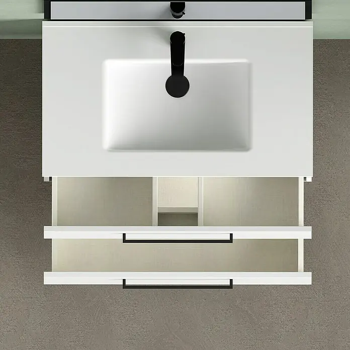 Artysan Mueble bajo de lavabo Arosa - L x An x Al: 44,6 x 80 x 64 cm, Blanco - Mueble de baño con dos cajones y grifo negro.