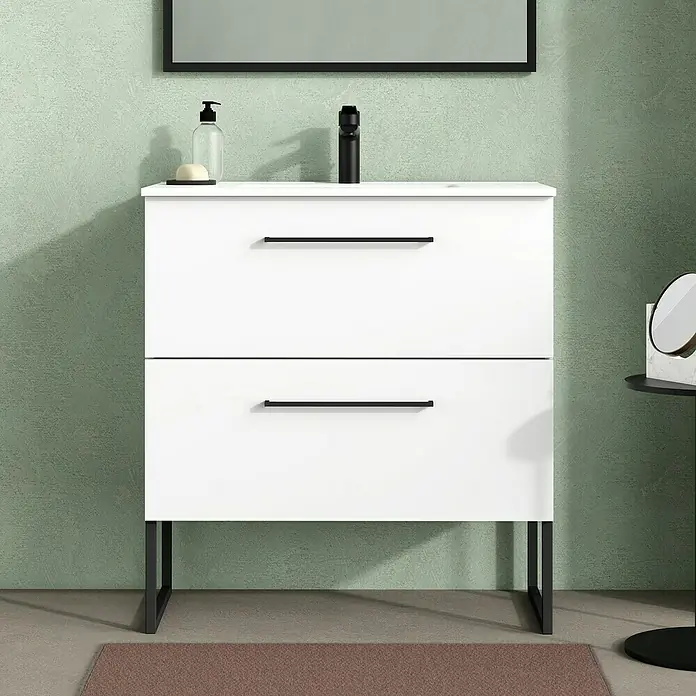 Artysan Mueble bajo de lavabo Arosa - L x An x Al: 44,6 x 80 x 64 cm, Blanco - Un mueble de lavabo blanco con dos cajones y tiradores negros, que complementa un diseño de baño moderno.