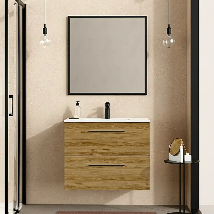 Artysan Mueble bajo de lavabo Arosa - L x An x Al: 44,6 x 80 x 64 cm, Roble Guadarrama - Interior de baño moderno con mueble de lavabo con aspecto de madera, espejo con marco negro e iluminación para un ambiente elegante.
