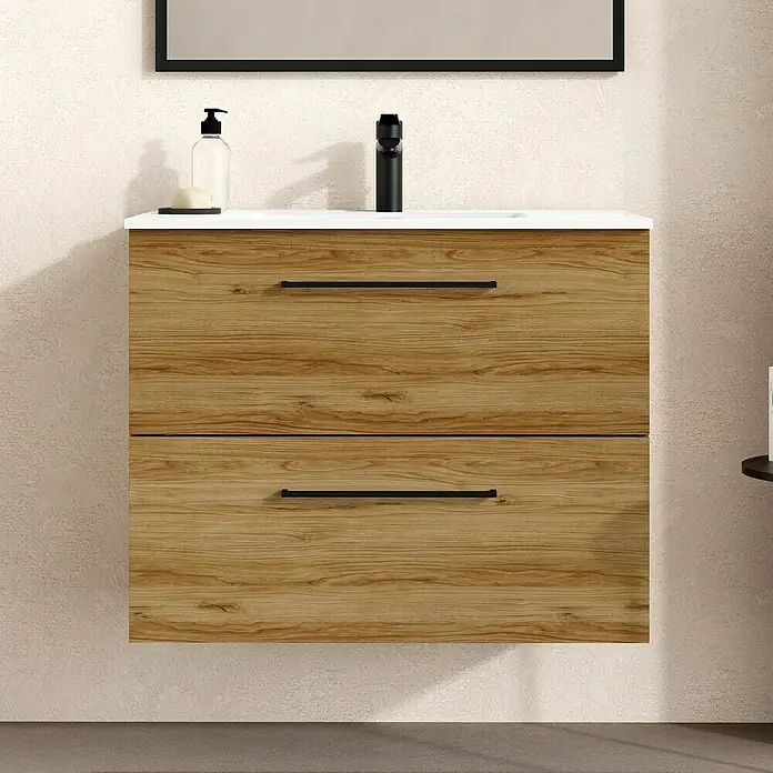 Artysan Mueble bajo de lavabo Arosa - L x An x Al: 44,6 x 80 x 64 cm, Roble Guadarrama - Moderno lavabo de baño con cajones de madera, grifo negro y espejo rectangular para un ambiente elegante.