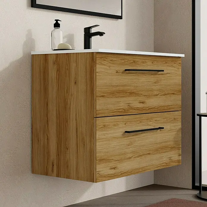 Artysan Mueble bajo de lavabo Arosa - L x An x Al: 44,6 x 80 x 64 cm, Roble Guadarrama - Mueble de baño moderno con dos cajones y grifo negro. El acabado de madera aporta calidez al baño.
