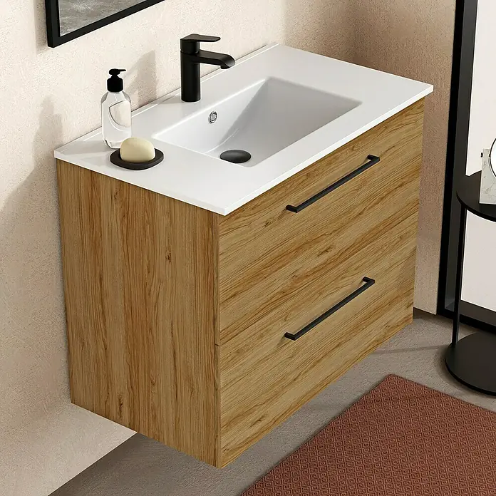 Artysan Mueble bajo de lavabo Arosa - L x An x Al: 44,6 x 80 x 64 cm, Roble Guadarrama - Moderno conjunto de mueble de lavabo con textura de madera y grifo negro para un ambiente elegante.