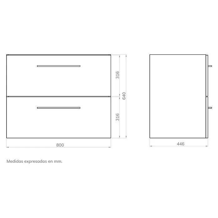 Artysan Mueble bajo de lavabo Arosa - L x An x Al: 44,6 x 80 x 64 cm, Roble Guadarrama - Ilustración de un mueble de baño con dos cajones, de 800 mm de ancho y 446 mm de profundidad, con un diseño moderno y minimalista.