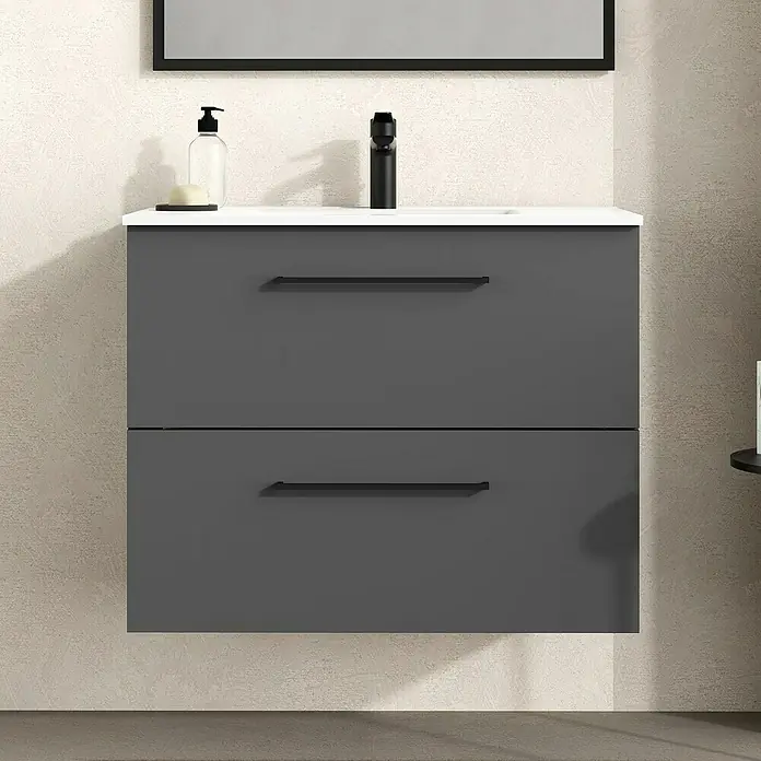 Artysan Mueble bajo de lavabo Arosa - L x An x Al: 44,6 x 80 x 64 cm, Antracita - Mueble de baño gris con lavabo blanco y accesorios negros, ideal para baños modernos y para guardar utensilios de baño.