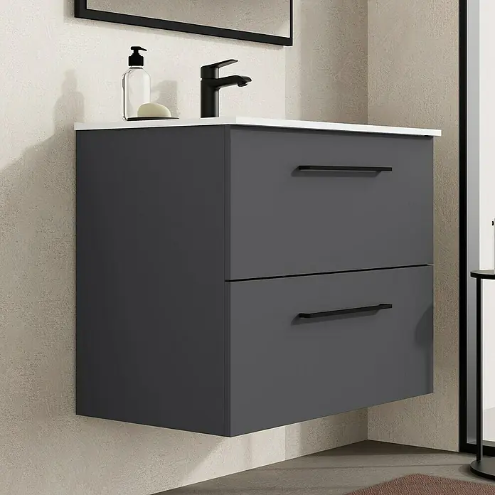 Artysan Mueble bajo de lavabo Arosa - L x An x Al: 44,6 x 80 x 64 cm, Antracita - Imagen de un moderno tocador de baño montado en la pared en gris con dos cajones y una encimera blanca.